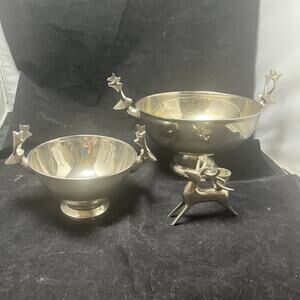Crate And Barrel Silver Double Headed Reindeer Pedestal Bowl Christmas 6” & 9”